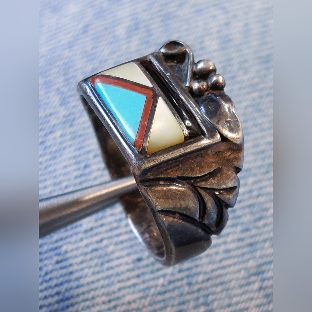 Signed "C" Native American Sterling Silver Turquoise Inlay Ring - Size 11.75